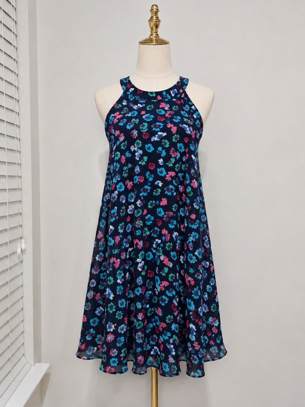 Navy Floral Halter Swing Dress